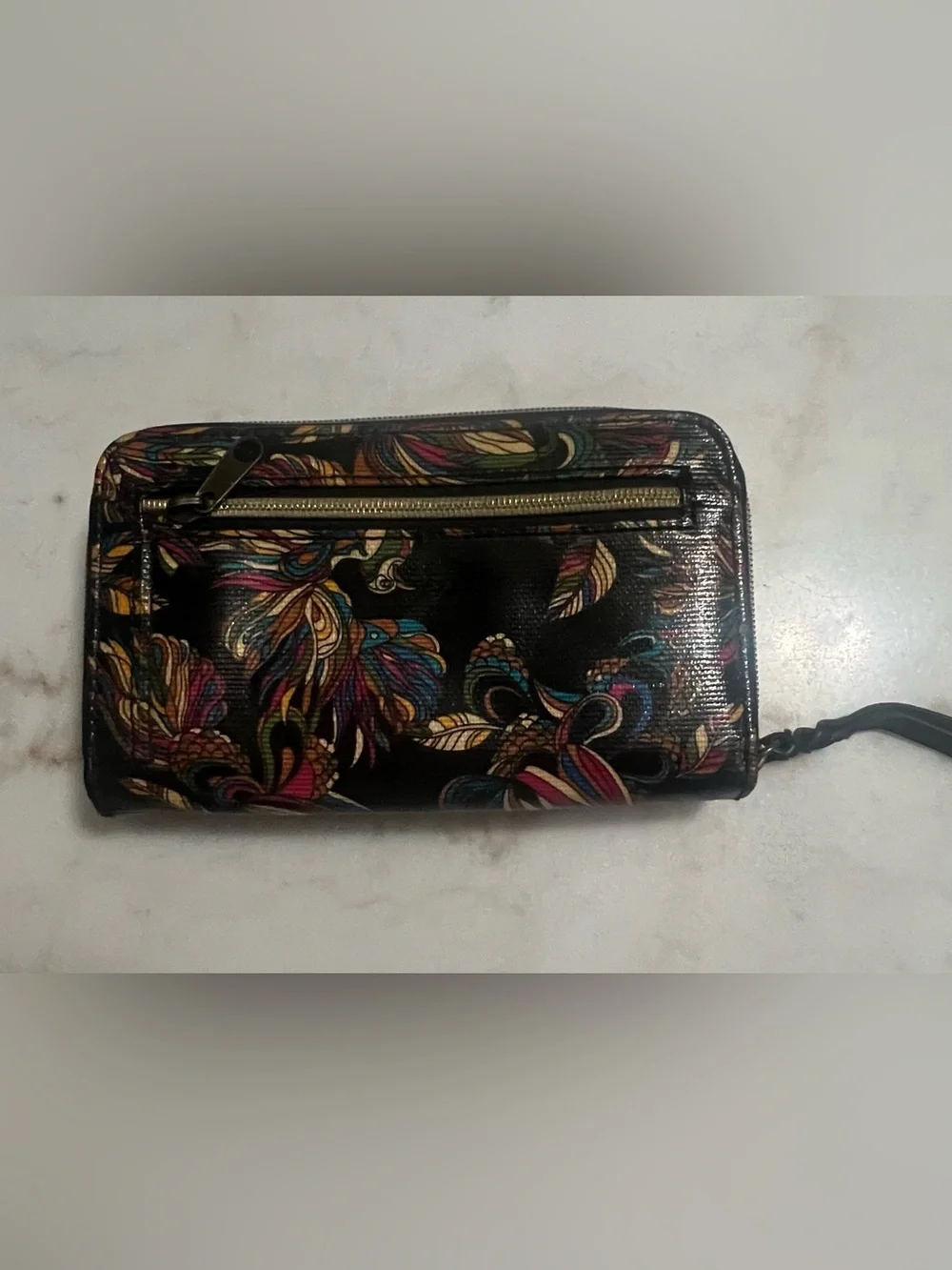 Sakroots BOHO Coated Canvas Trifold Wallet Feather Colorful Feather Bird Print